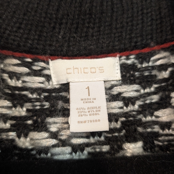 Chicos Black White Knit Duster Coatigan Red Trim Fall Winter Wool Blend Sz 1 M 8 - Picture 7 of 8